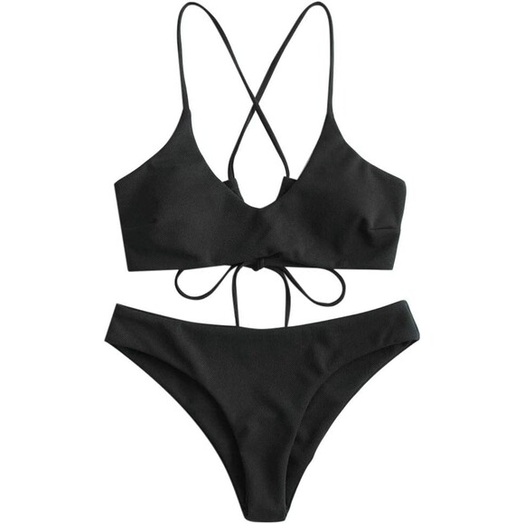 Drawstring Front Criss Cross Back Black Bikini Set Sz M - Picture 2 of 8